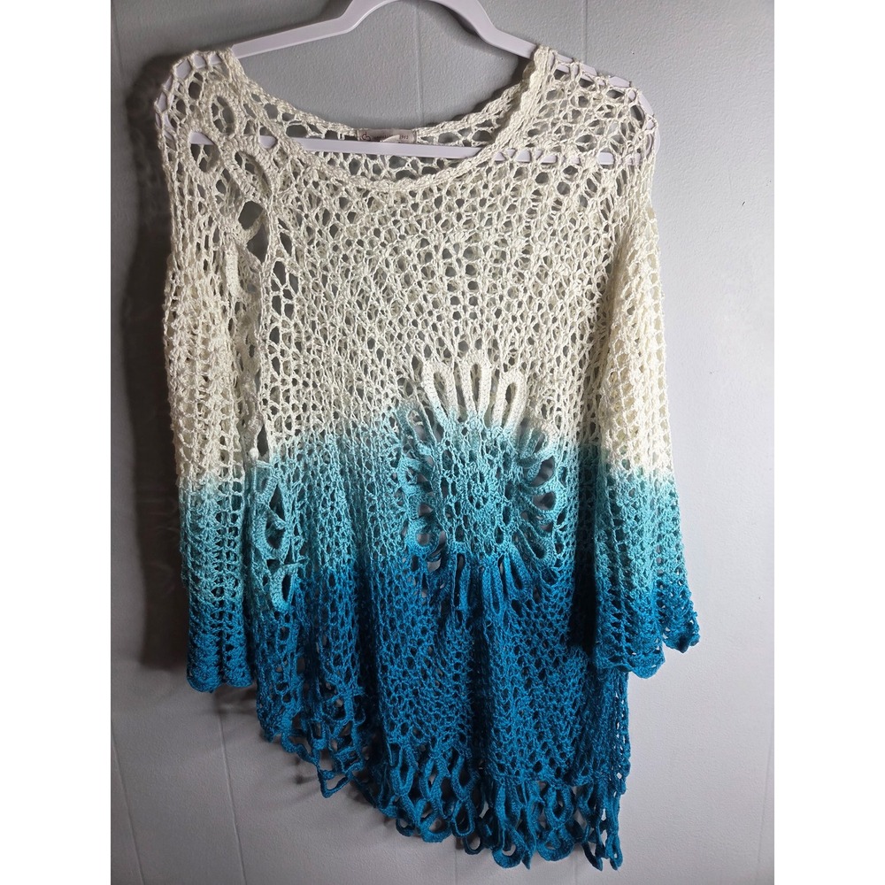 CJ Banks Womens 1X Crochet Sweater Ombre Blue Cream Floral Open Knit Boho Top